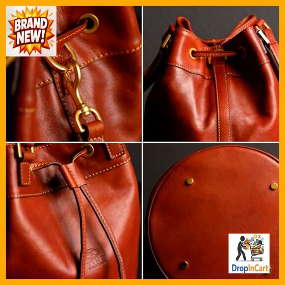 Italian Leather Triple Compartment Bucket Bag in Cognac Full Grain Leather Bucket Tote Bag Adjustable Strap Drawstring Closure Classic
